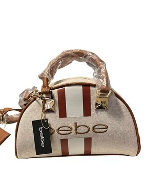 BEBE Cream and Brown Striped Top-Handle Satchel